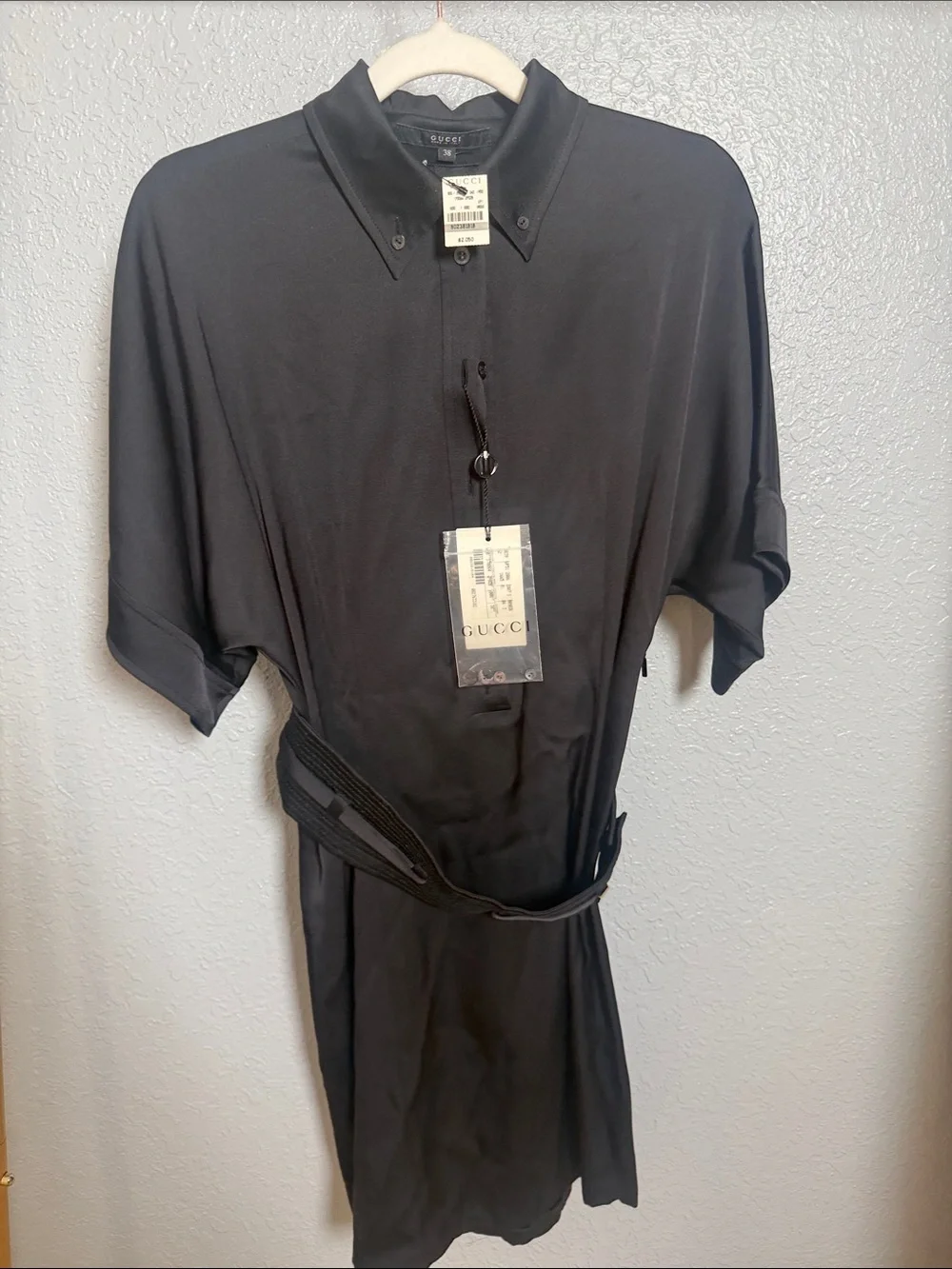 Gucci Black Short-Sleeve Button-Down Polo Shirt with Waist Tie